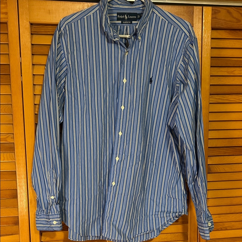 Ralph Lauren Men's Blue and White Striped Button Down Shirt